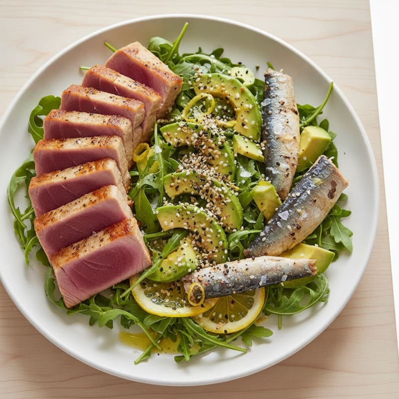 Seared Tuna, Sardine, and Avocado Salad