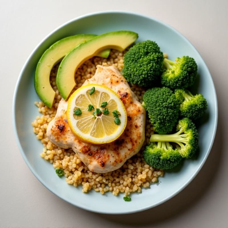 Grilled Lemon-Garlic Chicken Breast with Roasted Broccoli and Quinoa