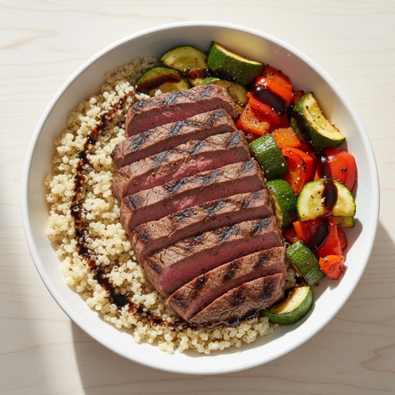 Grilled Steak and Roasted Vegetable Bowl with Quinoa