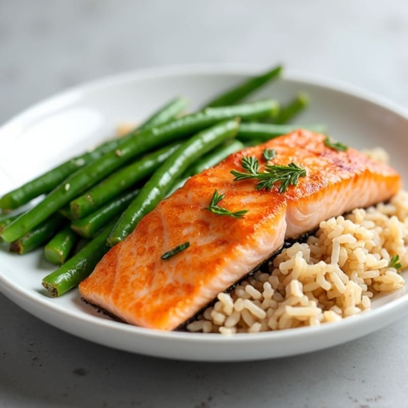 Seared Salmon Fillet with Garlic Green Beans and Brown Rice
