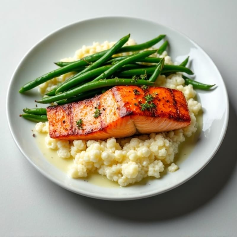 Seared Salmon Fillet with Steamed Green Beans and Garlic Mashed Cauliflower