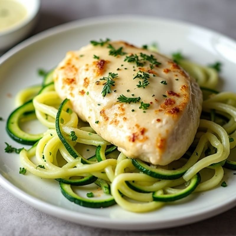 Creamy Cauliflower Alfredo Chicken with Zucchini Noodles