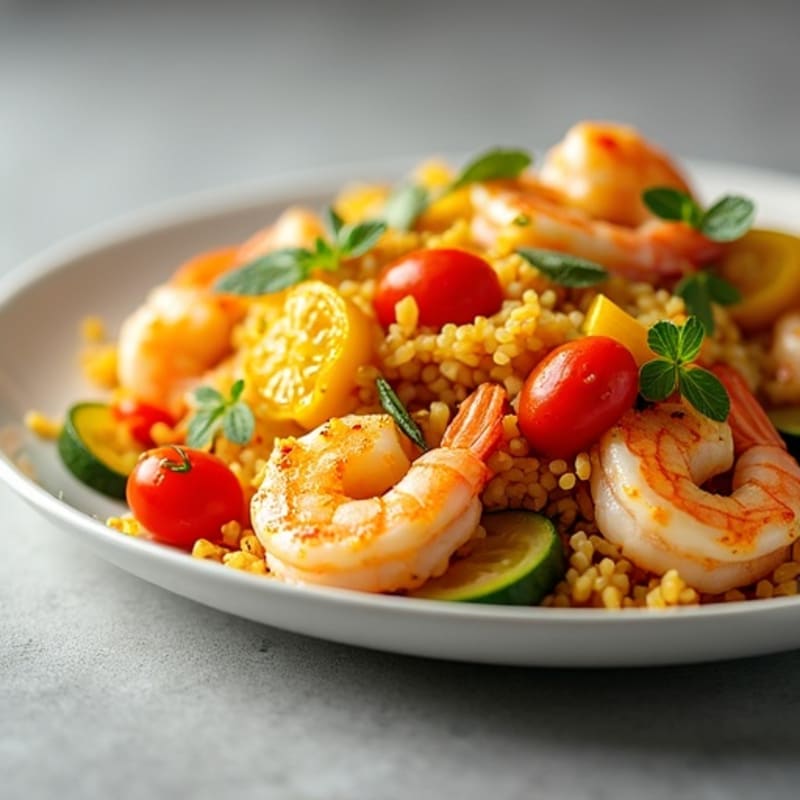 Pan-Seared Seafood with Saffron Rice and Fresh Vegetables