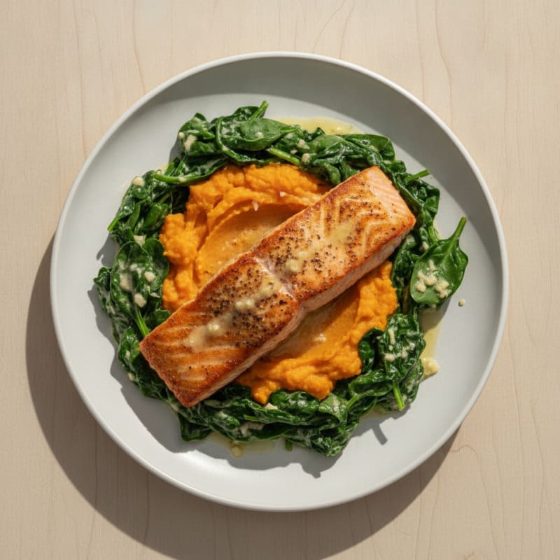 Seared Salmon Fillet with Creamy Garlic Spinach and Sweet Potato Mash