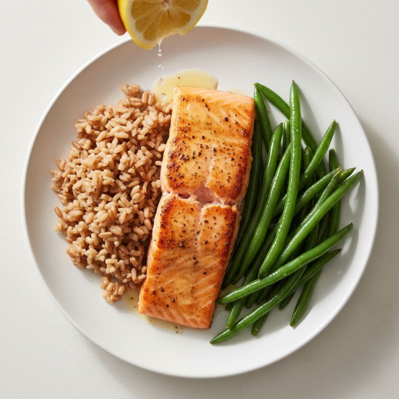 Seared Salmon with Steamed Green Beans and Brown Rice