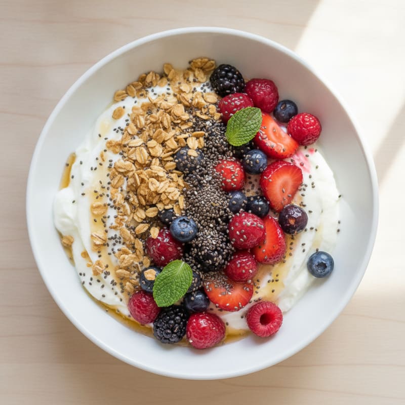 Greek Yogurt Protein Parfait with Mixed Berries and Chia Seeds