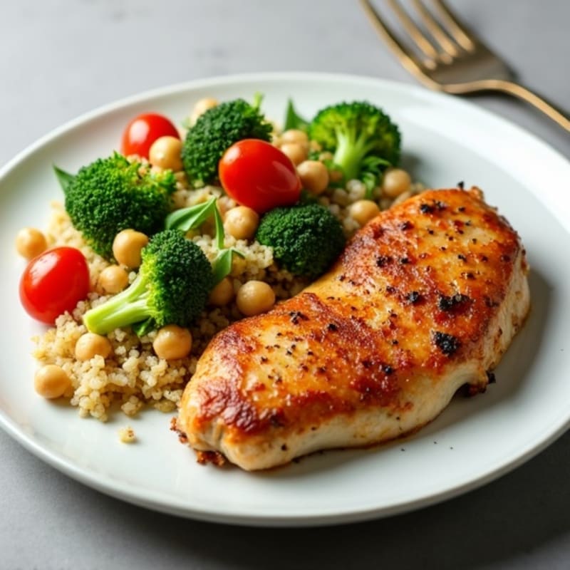 Seared Chicken Thighs with Steamed Broccoli, Quinoa & Chickpea Salad