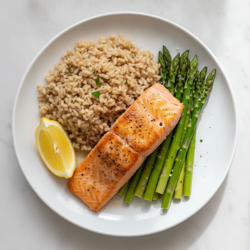 Seared Salmon Fillet with Steamed Asparagus and Brown Rice