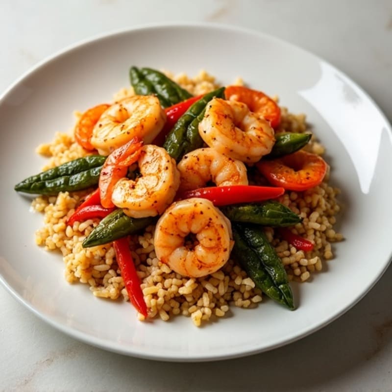 Spicy Chicken and Shrimp with Okra and Bell Peppers over Brown Rice