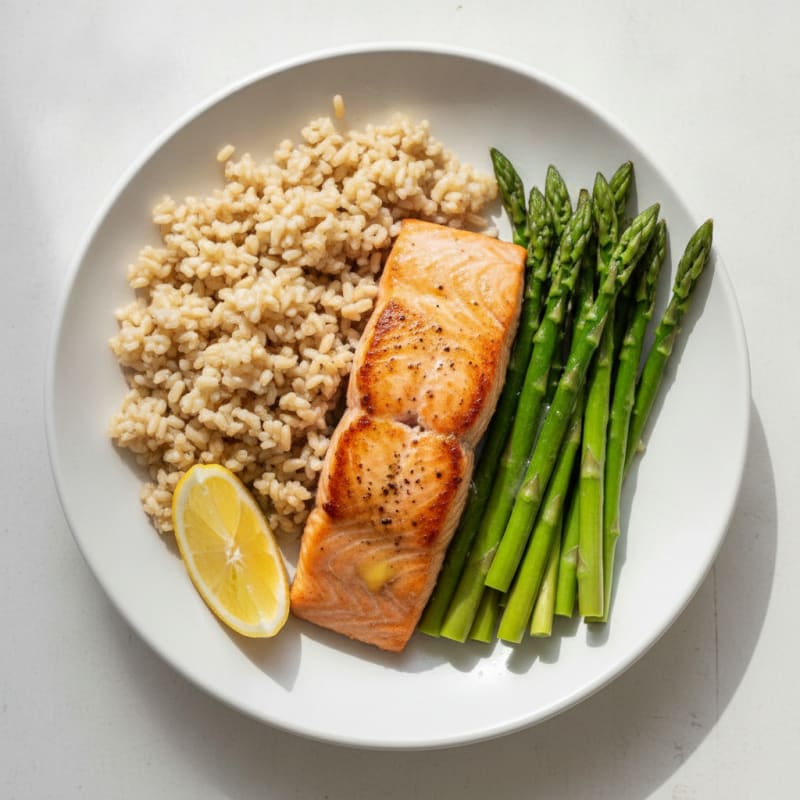 Seared Salmon with Steamed Asparagus and Brown Rice
