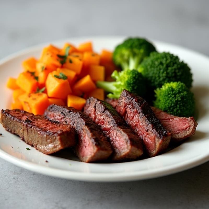 Seared Lean Beef Strips with Steamed Broccoli and Roasted Sweet Potato