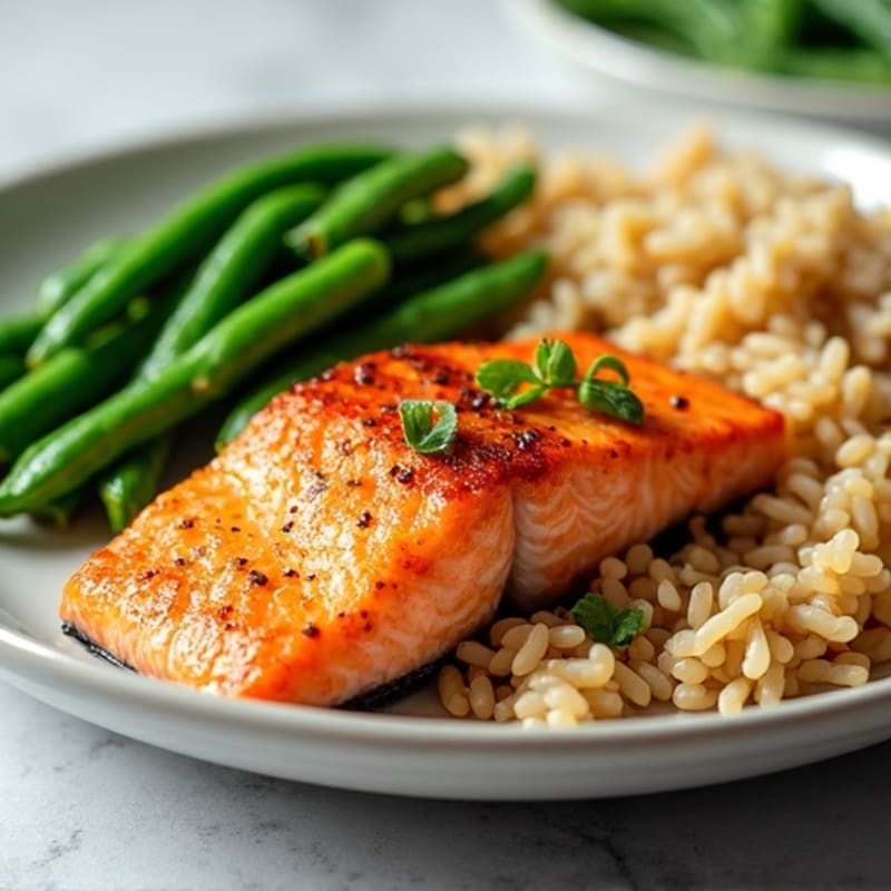 Seared Salmon with Steamed Green Beans and Brown Rice