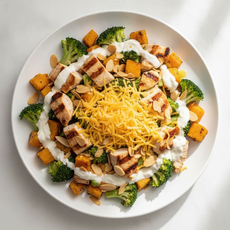 Grilled Chicken and Broccoli Salad with Shredded Cheddar and Toasted Almonds