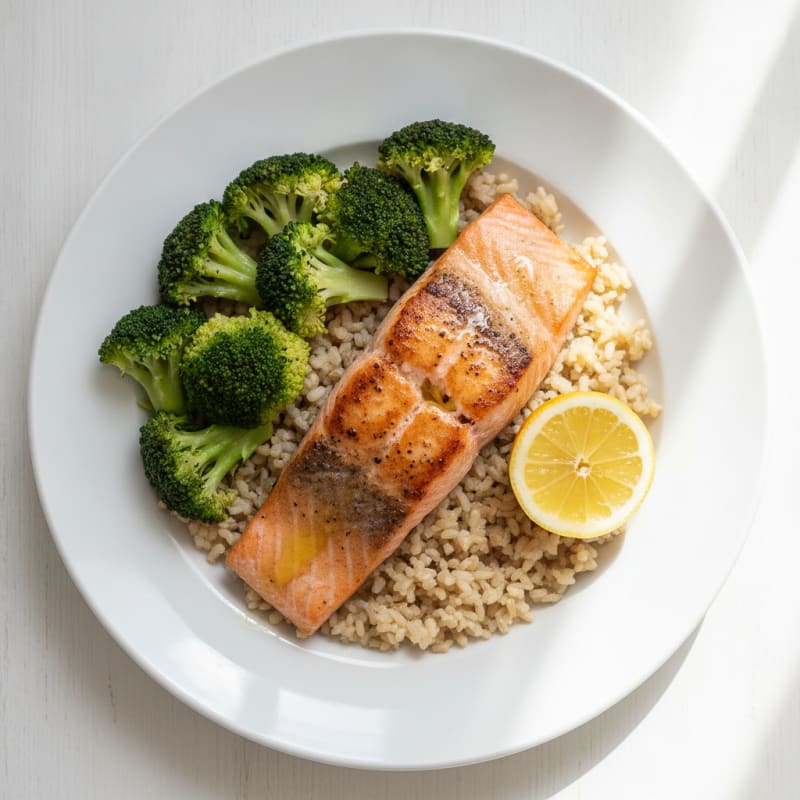 Seared Salmon Fillet with Steamed Broccoli and Brown Rice