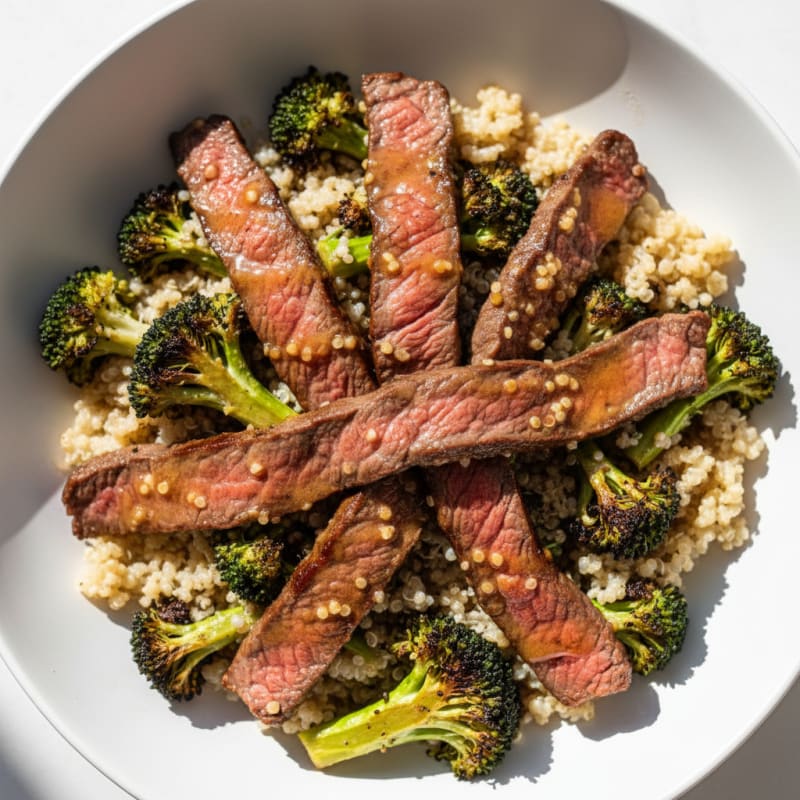 Seared Beef Strips with Quinoa and Roasted Broccoli