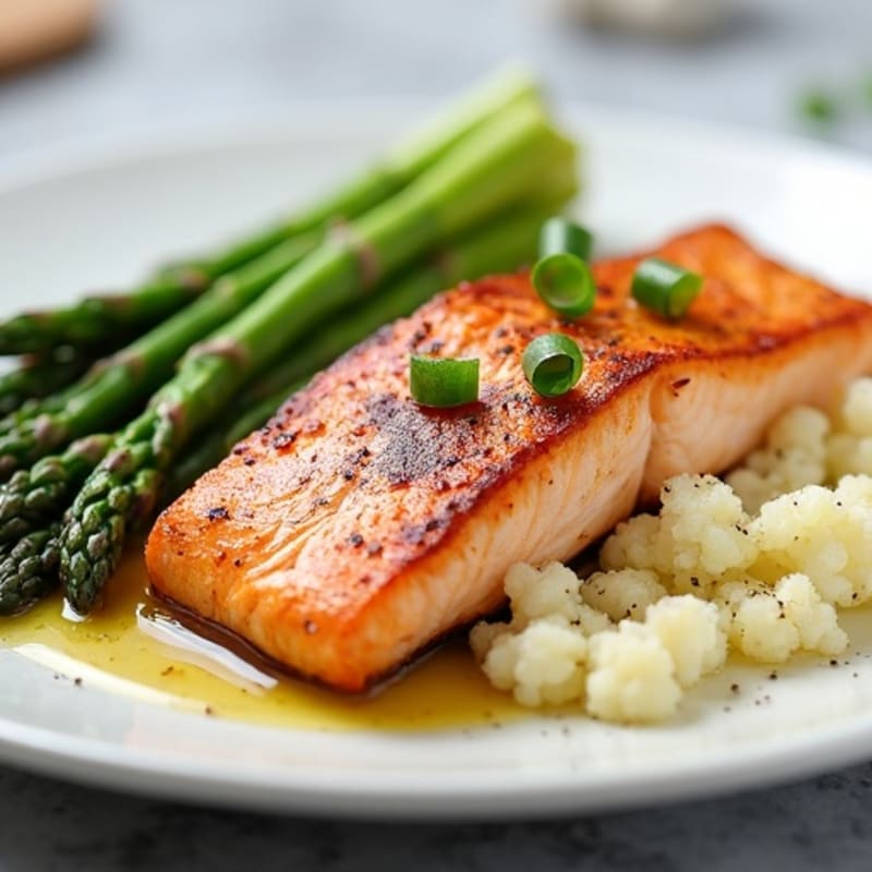 Seared Salmon with Steamed Asparagus and Garlic Mashed Cauliflower