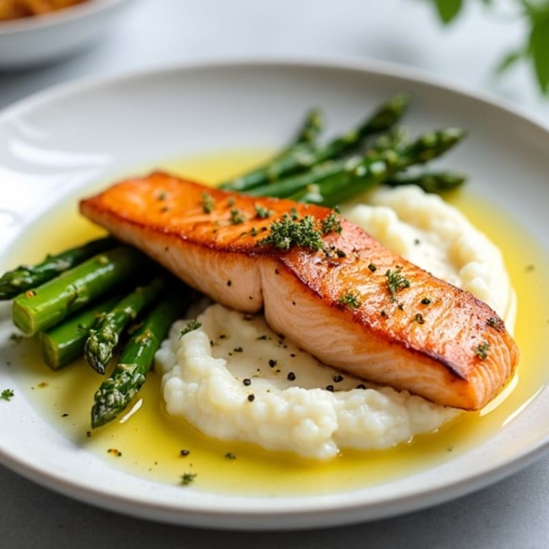 Seared Salmon Fillet with Steamed Asparagus and Cauliflower Mash