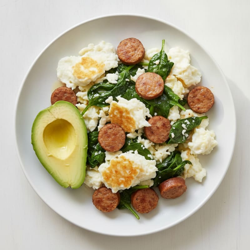 Egg White Scramble with Turkey Sausage and Sautéed Spinach