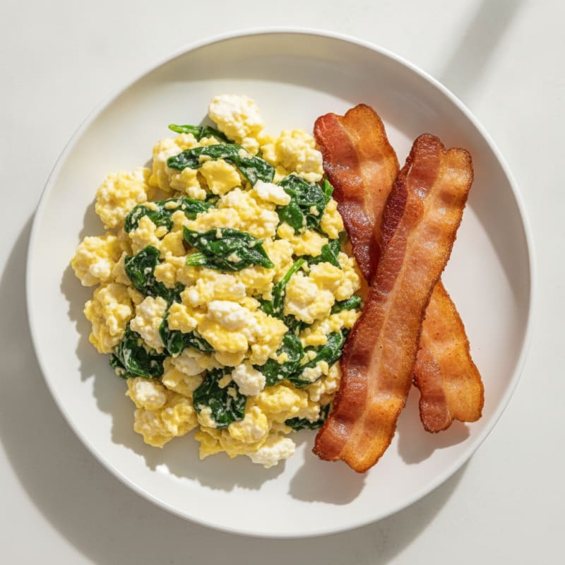Cottage Cheese Egg Scramble with Sautéed Spinach and Turkey Bacon