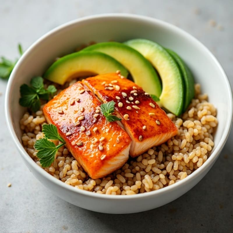 Sesame Ginger Salmon Rice Bowl with Fresh Avocado and Crunchy Cucumber