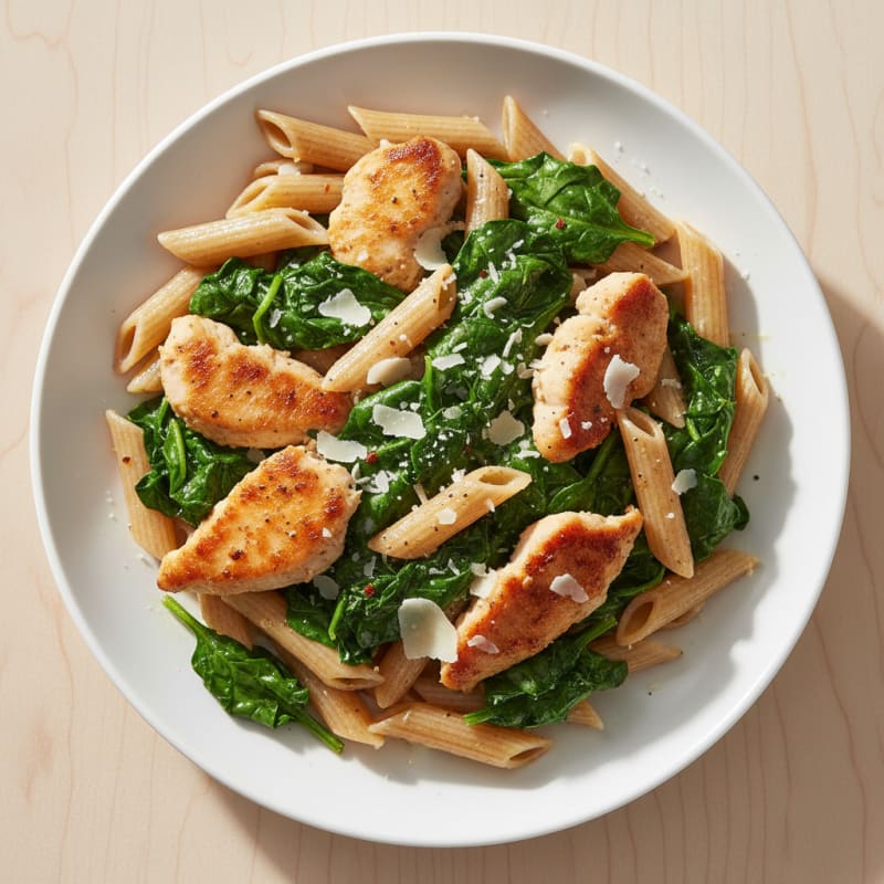 Garlic Chicken Penne with Sautéed Spinach