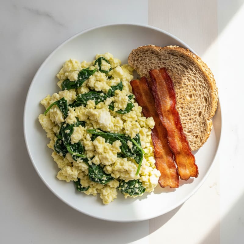 Cottage Cheese Scramble with Spinach and Turkey Bacon