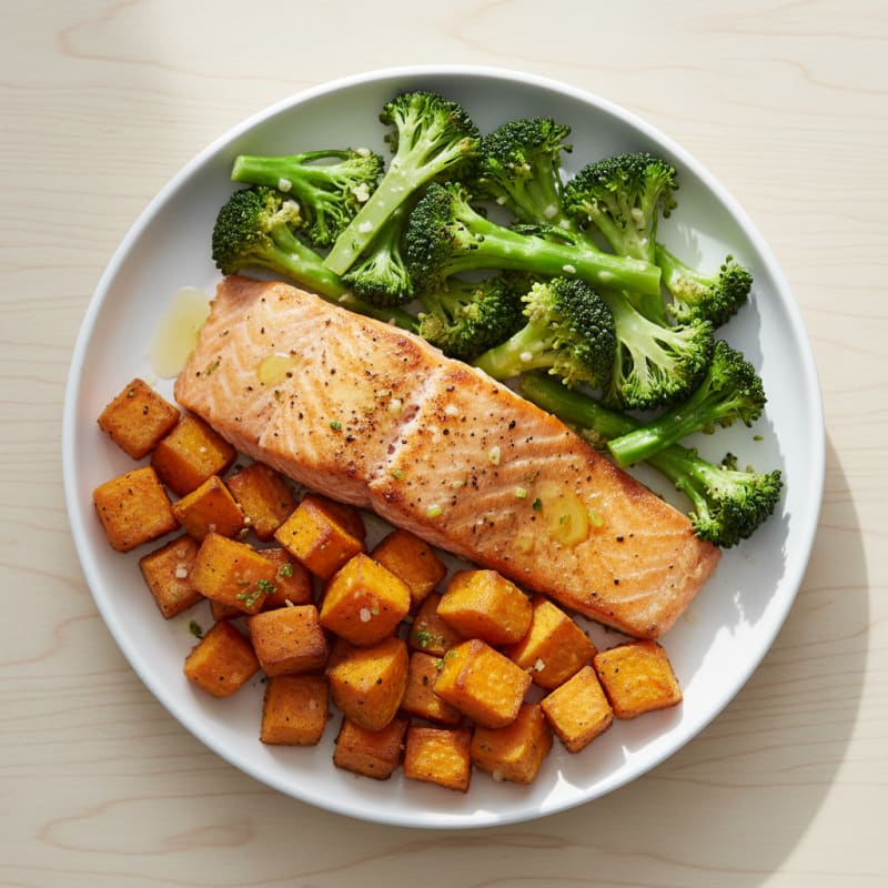 Seared Salmon with Roasted Sweet Potatoes and Garlic Broccoli