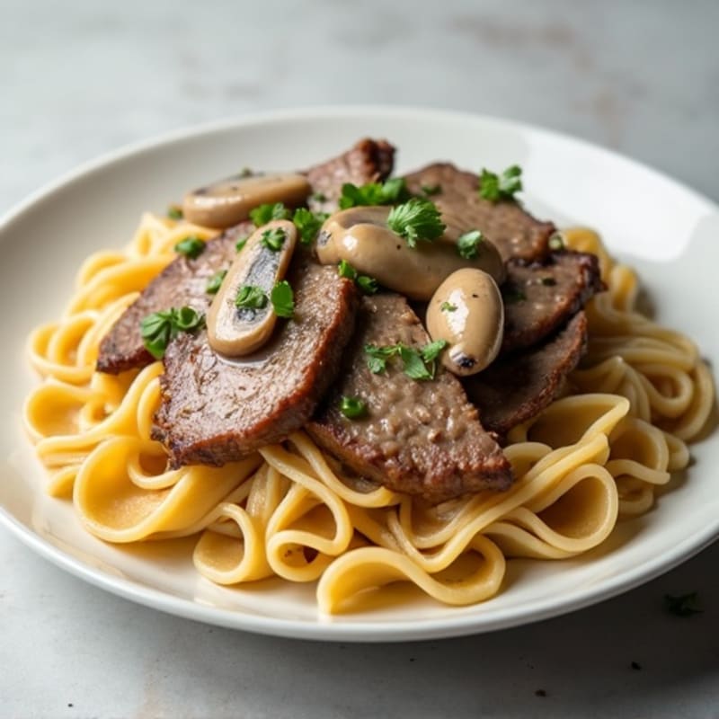 Lean Beef with Creamy Mushroom Sauce and Whole Wheat Egg Noodles