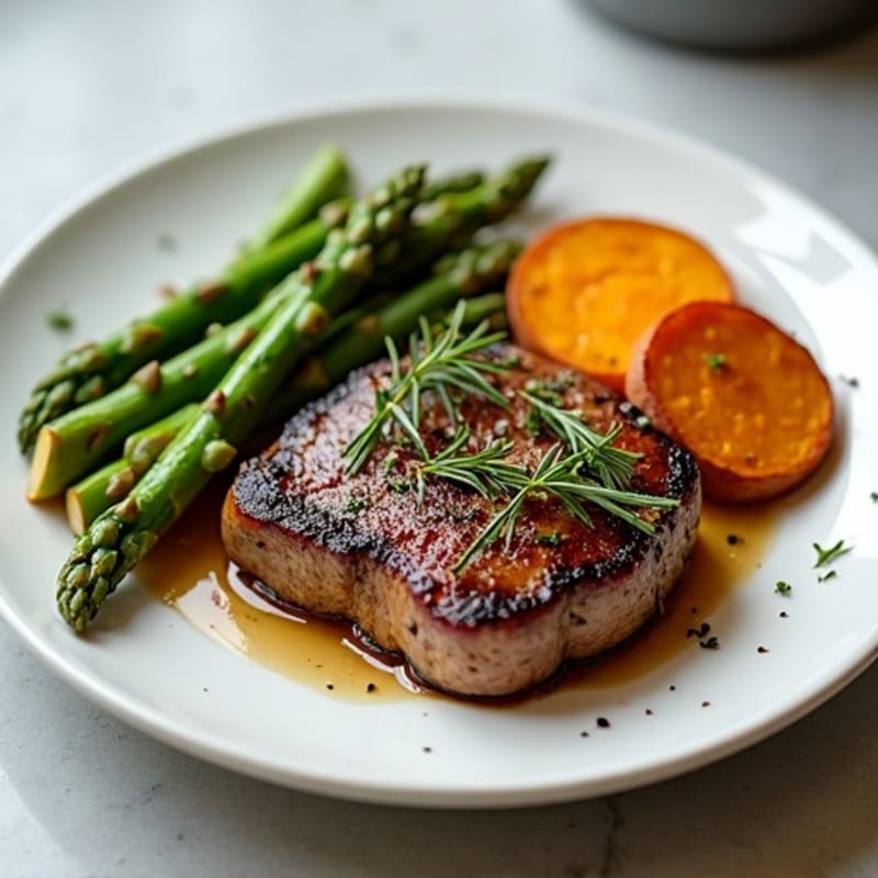 Garlic Herb Pan-Seared Sirloin Steak with Roasted Asparagus and Crispy Sweet Potato