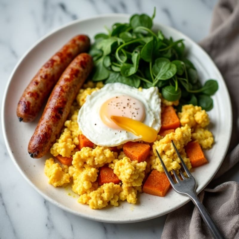 Egg White and Turkey Sausage Scramble with Roasted Sweet Potatoes