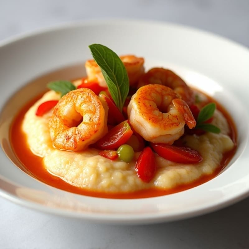 Spicy Garlic Shrimp with Creamy Grits and Sautéed Bell Peppers