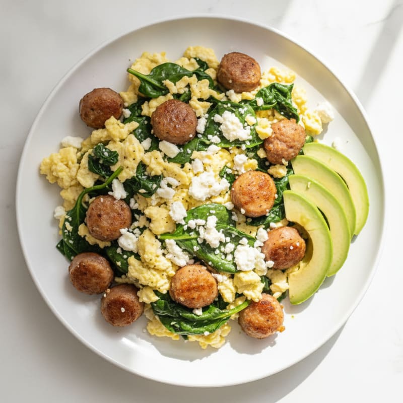 Egg White and Turkey Sausage Scramble with Spinach and Feta