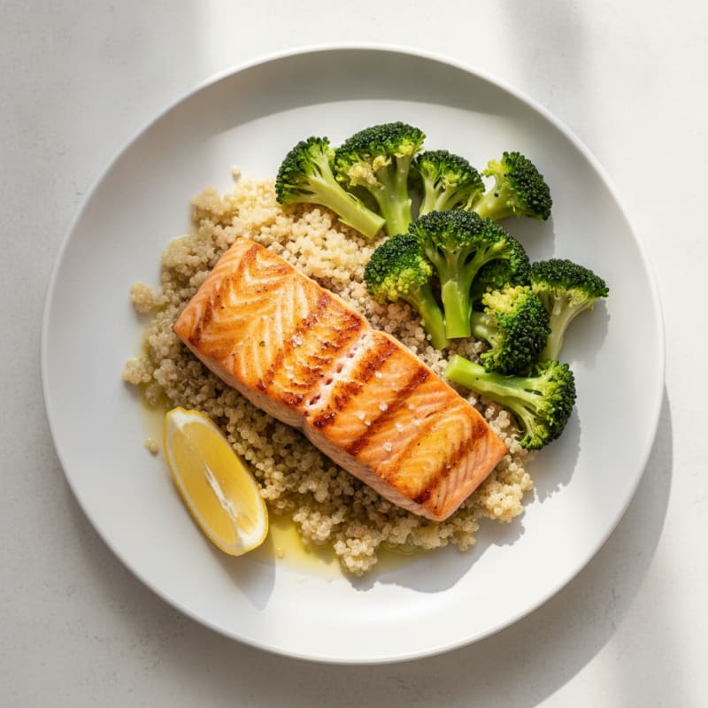 Seared Salmon with Steamed Broccoli and Quinoa