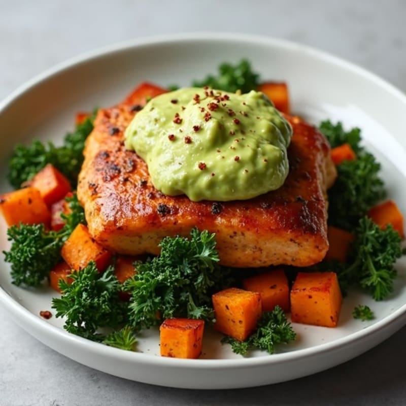 Spicy Chicken and Sweet Potato Hash with Crispy Kale and Creamy Avocado