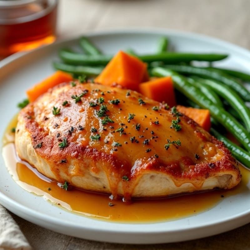 Maple-Glazed Roasted Chicken with Cinnamon-Spiced Sweet Potatoes and Green Beans