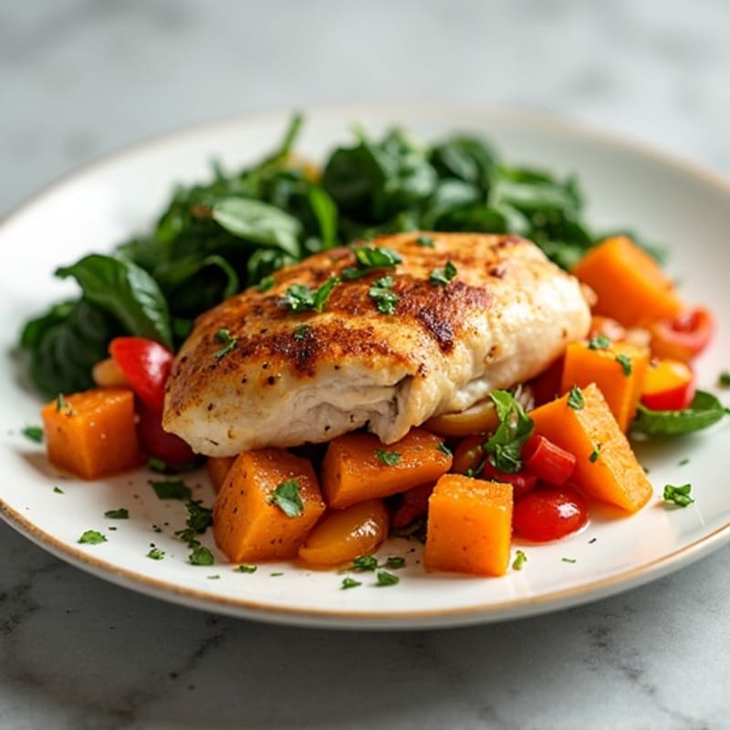 Sweet Potato and Chicken Hash with Sautéed Greens