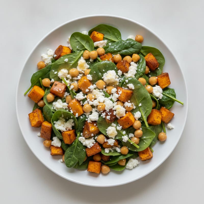 Chickpea Spinach Salad with Roasted Sweet Potato and Feta