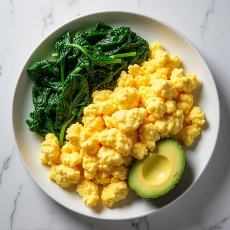 Fluffy Eggs Scramble with Creamy Avocado and Sautéed Spinach