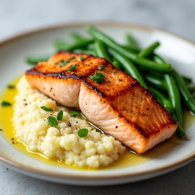 Seared Salmon with Garlic Green Beans and Cauliflower Mash