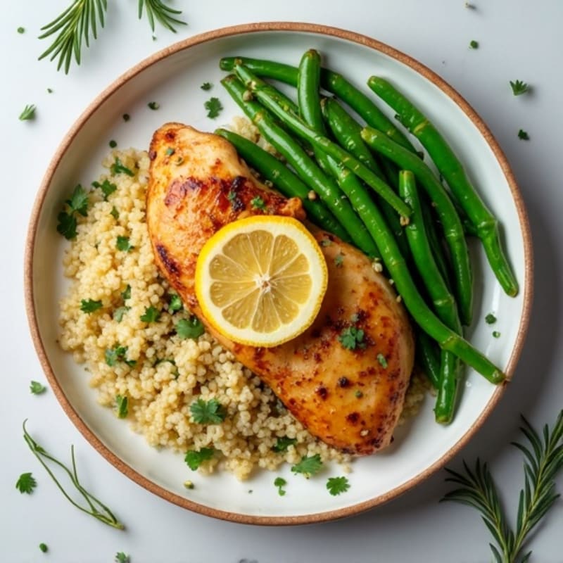 Lemon Herb Roasted Chicken with Crispy Green Beans and Fluffy Quinoa