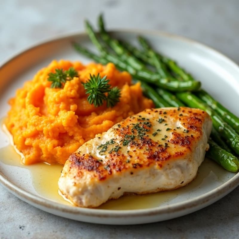 Baked Chicken Breast with Steamed Asparagus and Sweet Potato Mash