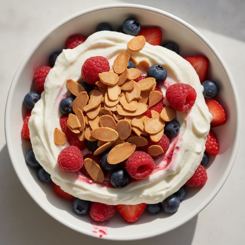 Vanilla Greek Yogurt Protein Parfait with Mixed Berries and Almonds