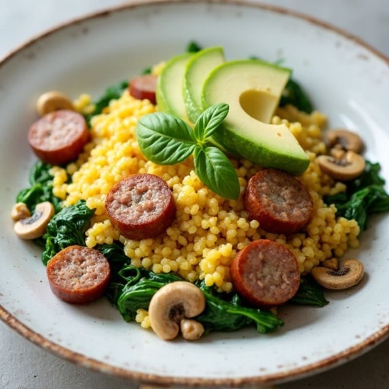 Egg White Spinach Scramble with Turkey Sausage and Sautéed Mushrooms
