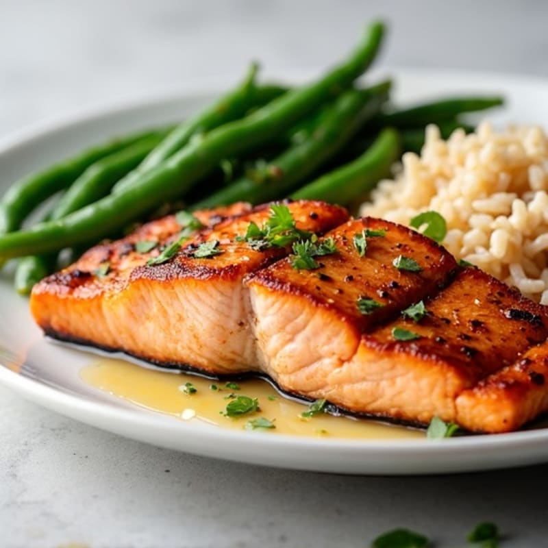Grilled Salmon Fillet with Garlic Green Beans and Brown Rice