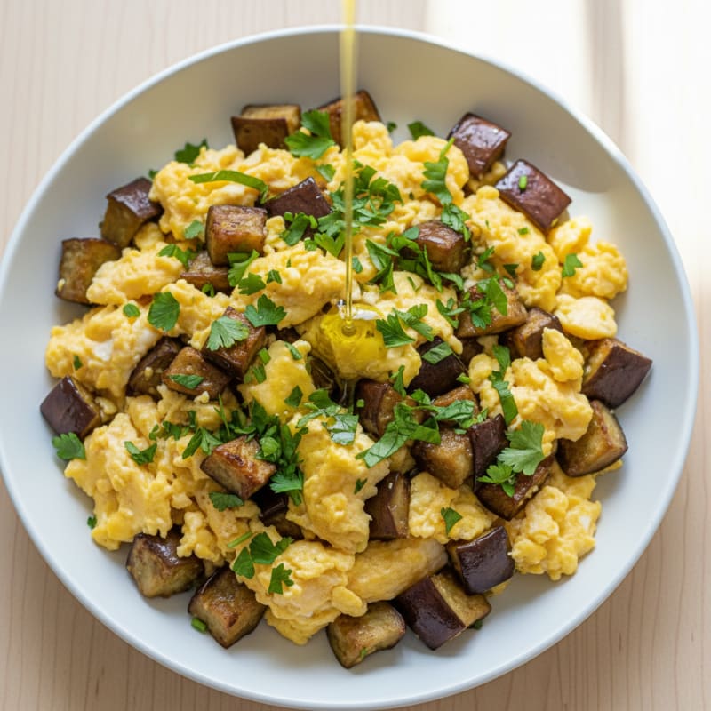 Scrambled Eggs with Roasted Eggplant and Fresh Herbs