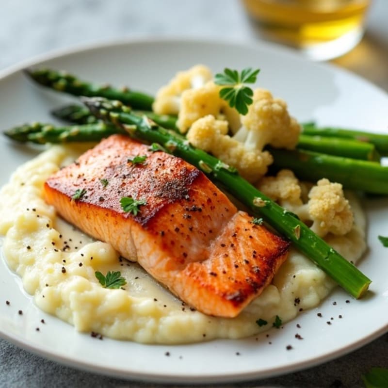 Seared Salmon with Steamed Asparagus and Cauliflower Mash