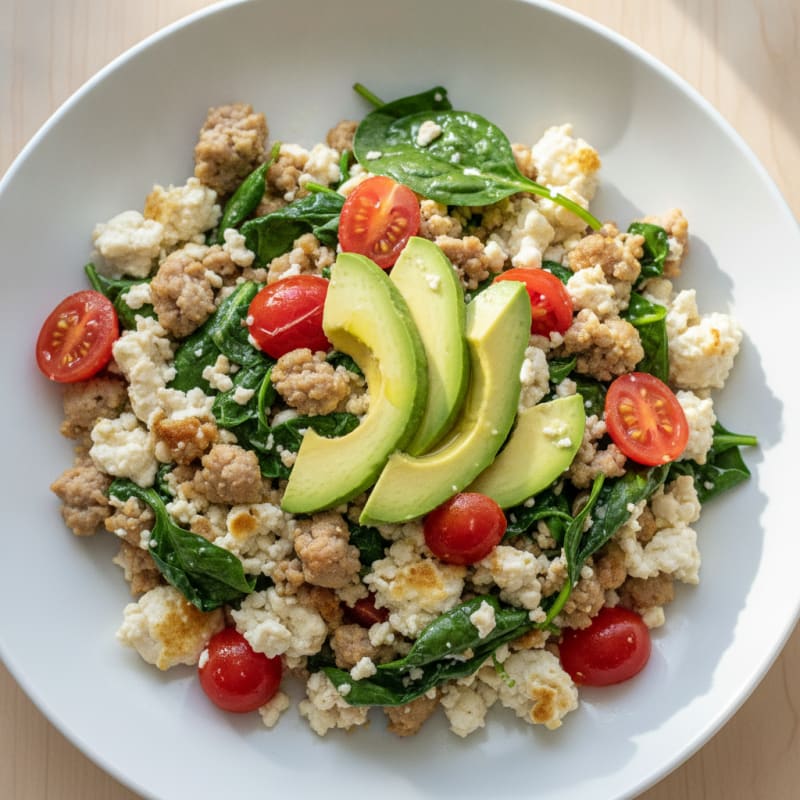 Egg White and Turkey Sausage Scramble with Spinach and Tomatoes