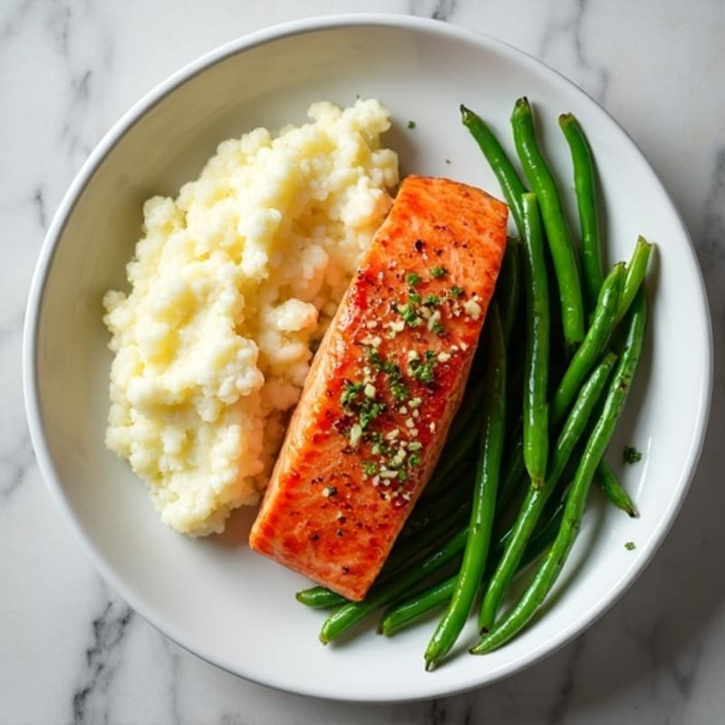 Seared Salmon with Garlic Green Beans and Cauliflower Mash