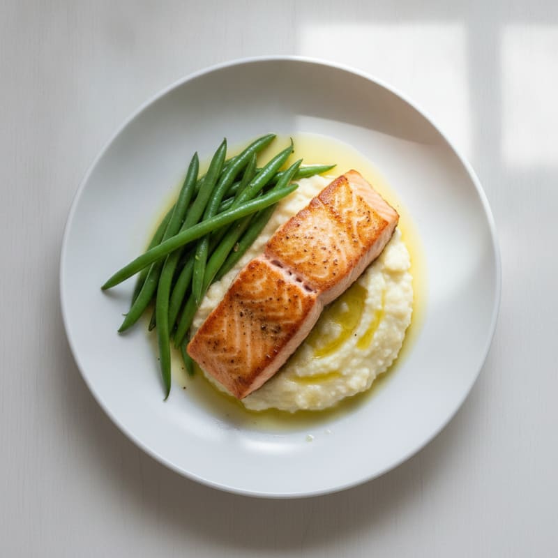 Seared Salmon with Steamed Green Beans and Garlic Cauliflower Mash