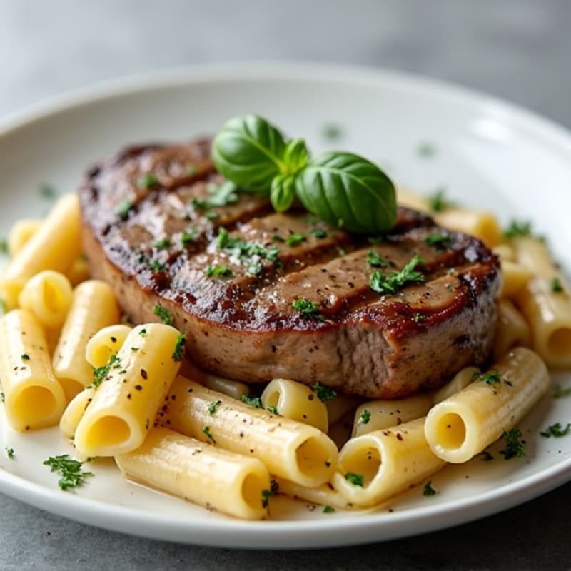 Steak with Creamy Garlic Herb Pasta